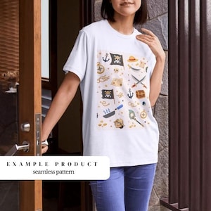 May include: White t-shirt featuring a seamless pirate-themed pattern. The design includes pirate flags, anchors, treasure maps, swords, and other nautical elements. The text "EXAMPLE PRODUCT seamless pattern" is at the bottom.