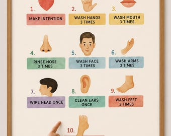Può includere: Un poster educativo incorniciato intitolato MY WUDU CHART con dieci passaggi numerati per eseguire il wudu. Il grafico presenta illustrazioni colorate di parti del corpo e istruzioni testuali come MAKE INTENTION e WASH HANDS 3 TIMES.