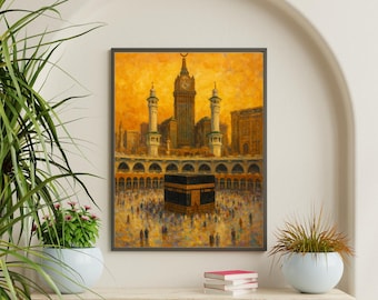 Op de afbeelding: Een schilderij dat de Kaaba in Mekka, Saoedi-Arabië, afbeeldt. De Kaaba is een kubusvormig gebouw dat de heiligste plaats in de islam is. Het schilderij is gemaakt in een realistische stijl en toont een gouden zonsondergangshemel met een moskee op de achtergrond.