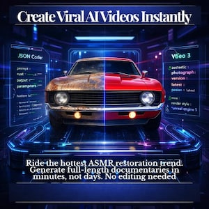 Könnte beinhalten: Ein Bild, das ein klassisches Auto zeigt, das zur Hälfte verrostet und zur Hälfte restauriert ist. Text-Overlays lesen "Create Viral AI Videos Instantly" und "Ride the hottest ASMR restoration trend." Das Bild wirbt für KI-Videoerstellung.