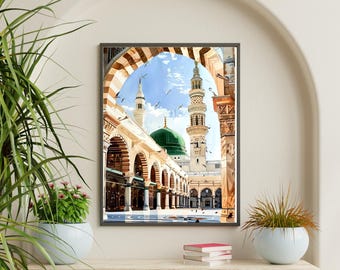 Islamic Mosque an-nabawi green dome wall art, Al-Masjid an-Nabawi art  Watercolor Print | Islamic Mosque Wall Art, green islamic prints