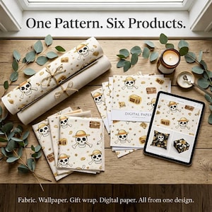 Puede incluir: Varios productos con un diseño de temática pirata, con calaveras, huesos cruzados y cofres del tesoro. Incluye tela, rollos de papel pintado, papel de regalo y papel digital. El texto dice: "One Pattern. Six Products."