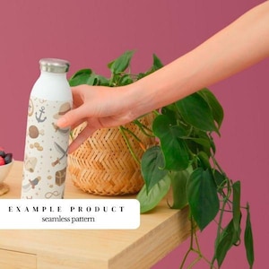 May include: A white water bottle with a silver lid and a pattern of brown pirate-themed illustrations, including anchors, hats, and swords. The bottle is held near a woven basket and a green plant, with the text "EXAMPLE PRODUCT seamless pattern" at the bottom.