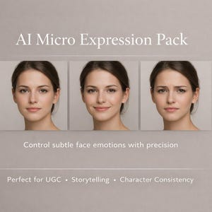 Könnte beinhalten: Werbung für das "AI Micro Expression Pack" mit drei Bildern eines weiblichen Gesichts, die verschiedene Emotionen zeigen. Der Text lautet "Control subtle face emotions with precision" und "Perfect for UGC • Storytelling • Character Consistency."