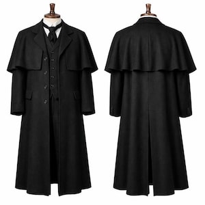 Men’s Black Wool Inverness Cape Coat Vintage Victorian Long OverCoat With Matching Vest