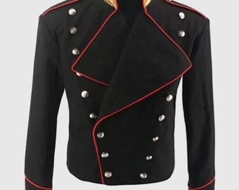 Giacca da uomo in lana nera con finiture rosse stile militare, modello Michael Jackson.