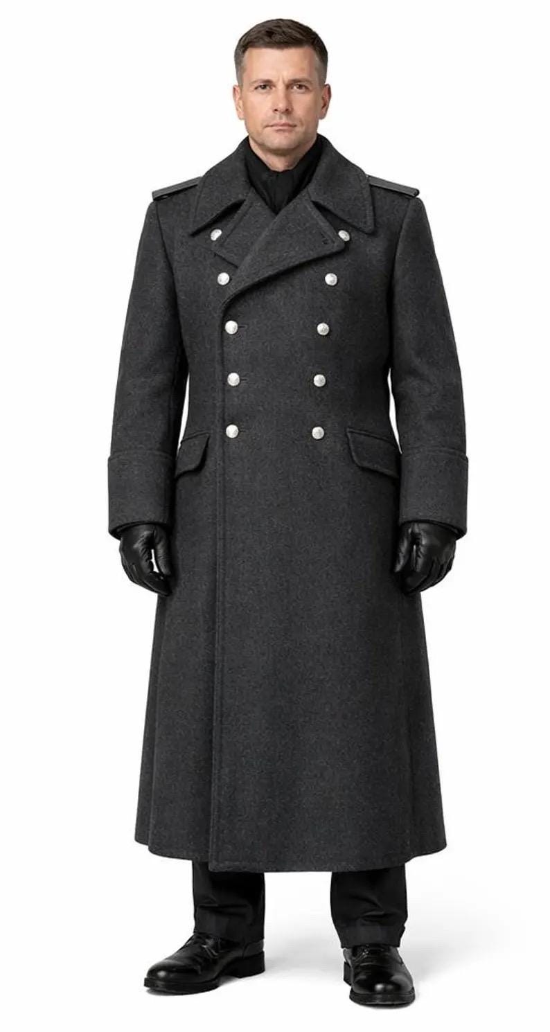 Men's Dark Grey Military Trench Coat Double Breasted Wool OverCoat Gothic Victorian jacket