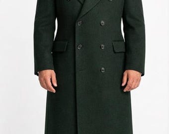 Men’s Dark Green Military Trench Coat Double Breasted Wool OverCoat Gothic Victorian jacket