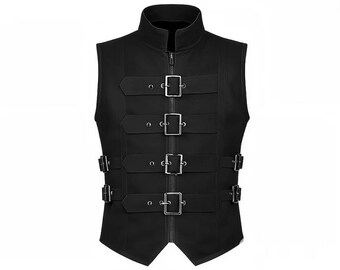 Men’s Black Gothic punk Waist Coat,Military Style Strap Vest, Buckle Detail Cotton Jacket