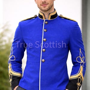 Tuniek voor Britse legerofficier: koningsblauwe Melton-wol, gouden vlecht - Zulu-oorlogstijd
