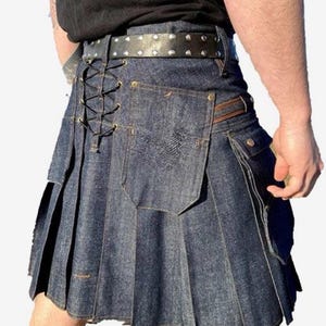 Schotse herenblauwe denim utility-kilt voor heren