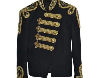 Chaqueta Balmain de lana negra y dorada para hombre, estilo Michael Jackson, con lentejuelas, estilo militar.