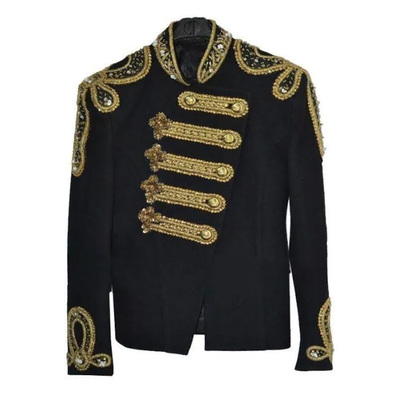 Men's Michael Jackson Black Wool Gold Balmain Jacket,Sequin Military Concery Blazer Costume