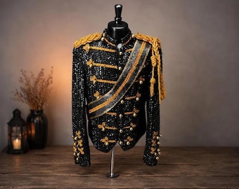 Michael Jackson Inspired Military Jacket | Black Sequin Parade Coat | King of Pop Stage Costume