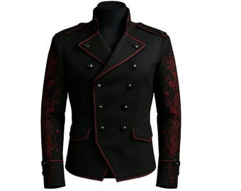 Abrigo militar gótico negro para hombre: bordado floral rojo, chaqueta de algodón de doble botonadura.