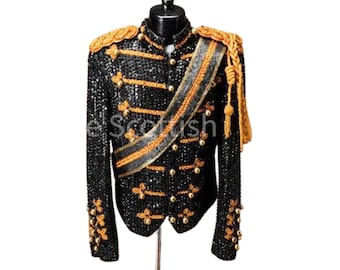 Chaqueta militar inspirada en Michael Jackson / Abrigo negro de lentejuelas para desfiles / Traje de escenario del Rey del Pop