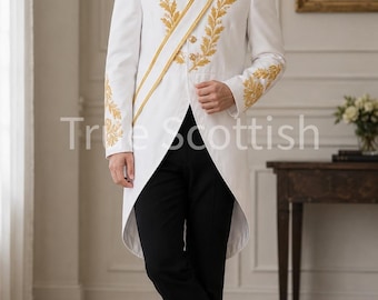 Chaqueta de frac militar blanca de lujo para hombre, bordada con ribete dorado, estilo príncipe, para ceremonias formales.