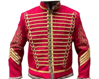 Men’s Red  Military Uniform Napoleonic Tunic Pelisse Jimi Hendrix Hussar Jacket Men’s