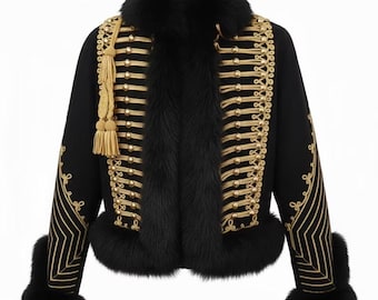 Men's Black  Wool Hussar Jacket: Fur Trim Military Parade Coat Gold Embroidered.