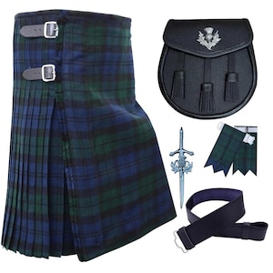 Scottish Kilt Outfit Set  Black Watch Tartan 8 Yard- Sporran kilt, Leather Belt & Flashes Men’s Kilt With Thistle Sportan !