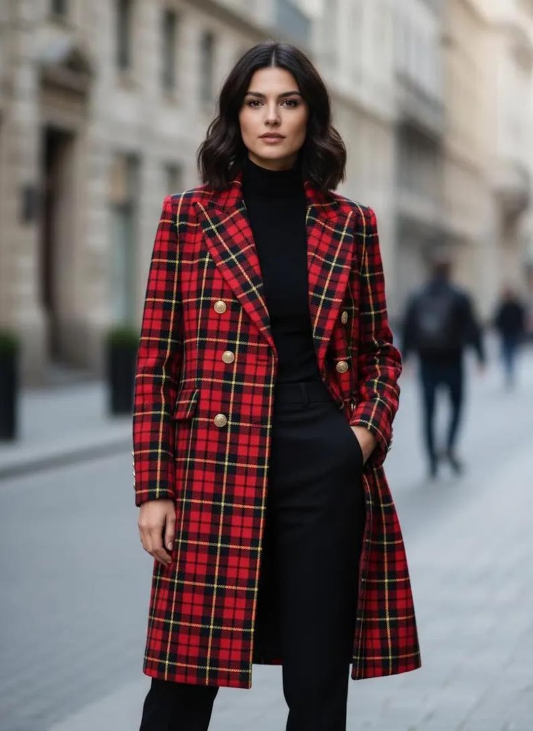 SAILOR COAT RED TARTAN【KL686】 Red Tartan Wool Long Coat Scottish Clan Tartan Out Fit Custom