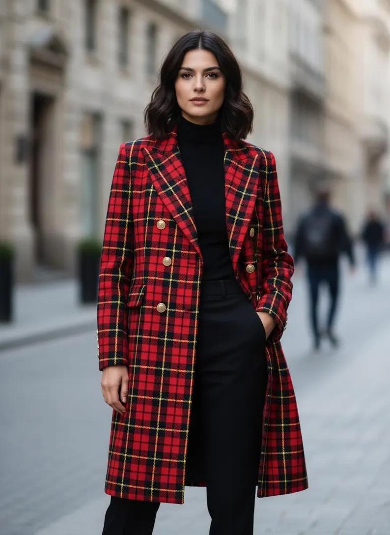 Red Tartan Wool Long Coat Scottish Clan Tartan Out Fit Custom
