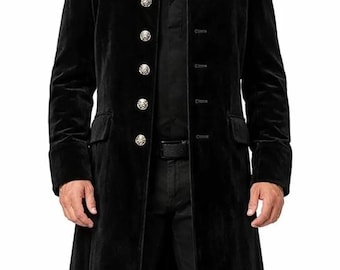 Men’s Black Velvet Victorian Coat | Steampunk Gothic Long Jacket | Vintage Formal Outerwear