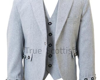 Men's Light Grey Wool Kilt Jacket & Waistcoat: Scottish Wedding Outfit
