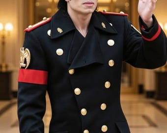 Michael Jackson inspiriert schwarzer Militärparade-Mantel | Zweireihige Wolljacke für Herren | Handgefertigt