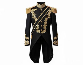 Royal Black  Embroidered Tailcoat Gold Trim Ceremony Jacket,Prince Costume uniform, Luxury Formalwear coat .