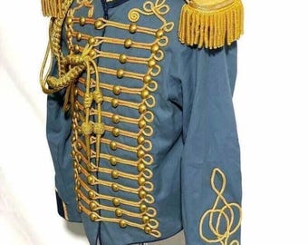 Men’s Blue Hussar Military Jacket | Gold Braid Napoleon Parade Blazer | Ceremonial Uniform Coat