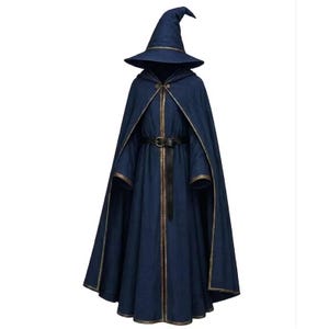 May include: A dark blue hooded cloak and matching pointed hat set. The cloak features a black belt at the waist, gold-toned trim along the edges, and a structured hood. The tall, wide-brimmed hat also includes gold-toned trim around the base.