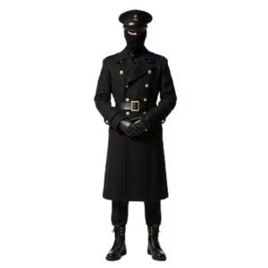 May include: A person in a black military-style coat with gold buttons, a matching hat, and gloves. The coat is double-breasted and belted at the waist. The person is also wearing black pants and boots. The background is white.