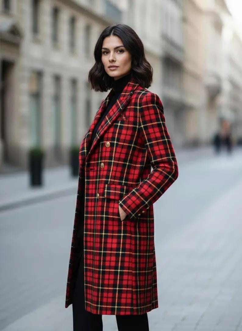 Red Tartan Wool Long Coat Scottish Clan Tartan Out Fit Custom