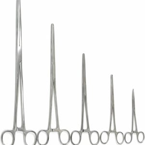 May include: A set of six stainless steel surgical forceps of varying sizes. Each instrument features a handle with finger rings and a locking mechanism. The tips are designed for grasping and holding tissues during medical procedures.