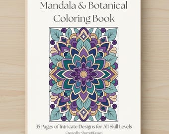 Libro da colorare con mandala e motivi botanici, 35 pagine, PDF stampabile, download immediato.