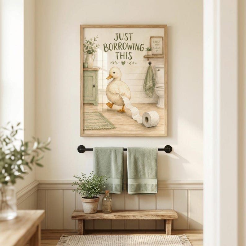 Divertente poster da parete per il bagno con anatra, poster con carta igienica, "Lo prendo solo in prestito", decorazioni per il bagno in stile rustico, stampa di animali stravaganti immagine 3