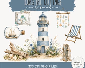 Watercolor Coastal Summer Clipart Bundle, Nautical Graphics For Beach Cottage Decor And Scrapbooking