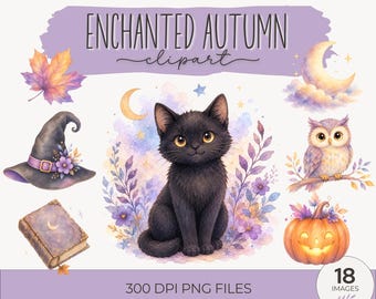 Watercolor Halloween Clipart Best Seller, Whimsical Autumn Cat, Pumpkin & Ghost PNG Set For Teachers and Crafting