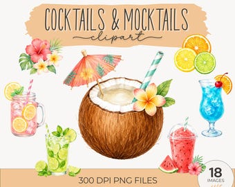 Watercolor Cocktails Clipart for Summer Pool Party, Tropical Mocktails Art, PNG Digital Download