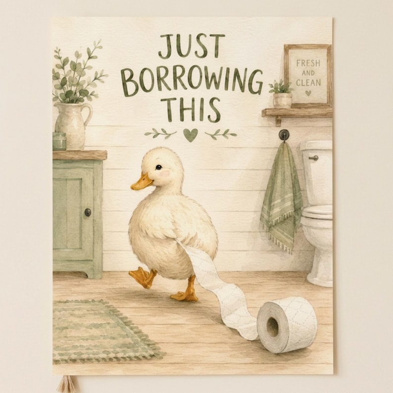 Divertente poster da parete per il bagno con anatra, poster con carta igienica, "Lo prendo solo in prestito", decorazioni per il bagno in stile rustico, stampa di animali stravaganti immagine 2