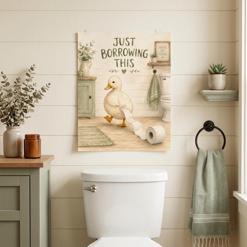 Divertente poster da parete per il bagno con anatra, poster con carta igienica, "Lo prendo solo in prestito", decorazioni per il bagno in stile rustico, stampa di animali stravaganti immagine 8