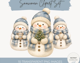 Watercolor Snowman Clipart PNG, Christmas Winter Graphics, Blue Plaid Holiday Illustrations