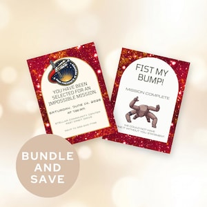 May include: Two red and gold invitation cards with space-themed graphics and text. One card reads "You have been selected for an impossible mission." The other says "Fist my bump! Mission complete."