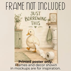 Divertente poster da parete per il bagno con anatra, poster con carta igienica, "Lo prendo solo in prestito", decorazioni per il bagno in stile rustico, stampa di animali stravaganti immagine 5