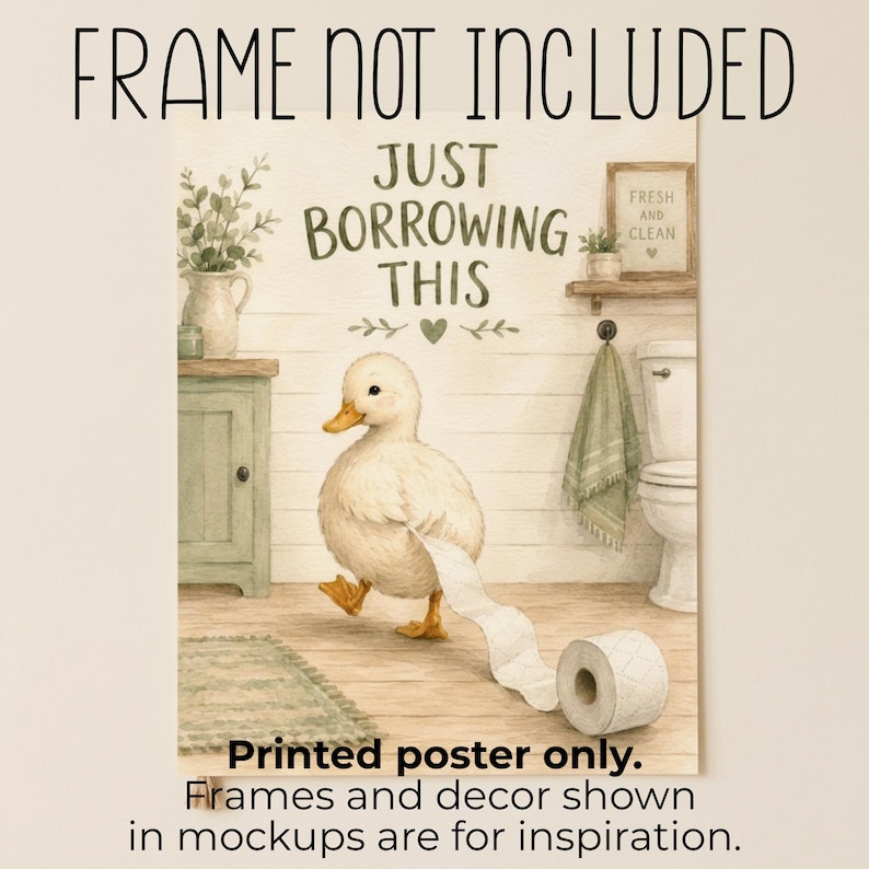 Divertente poster da parete per il bagno con anatra, poster con carta igienica, "Lo prendo solo in prestito", decorazioni per il bagno in stile rustico, stampa di animali stravaganti immagine 5