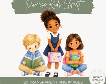 Diverse Kids Clipart PNG, Multicultural Watercolor School Students, Inclusive Children Clip Art