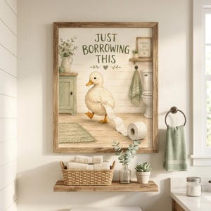 Divertente poster da parete per il bagno con anatra, poster con carta igienica, "Lo prendo solo in prestito", decorazioni per il bagno in stile rustico, stampa di animali stravaganti immagine 11