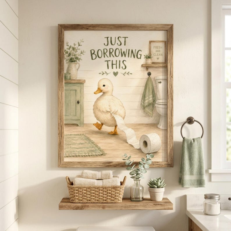 Divertente poster da parete per il bagno con anatra, poster con carta igienica, "Lo prendo solo in prestito", decorazioni per il bagno in stile rustico, stampa di animali stravaganti immagine 11