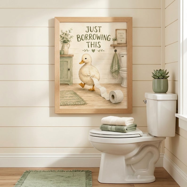 Divertente poster da parete per il bagno con anatra, poster con carta igienica, "Lo prendo solo in prestito", decorazioni per il bagno in stile rustico, stampa di animali stravaganti immagine 9